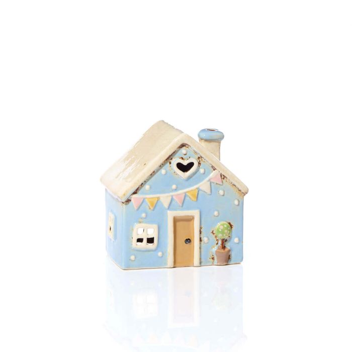 Blue stoneware cottage tealight holder with cream roof, heart cutout above door and embossed bunting, Stoneware Country Cottage Collection