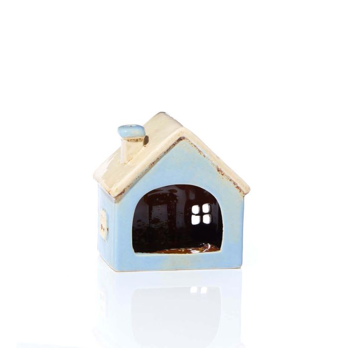 Rear view of blue stoneware cottage tealight holder showing large open arch, Stoneware Country Cottage Collection