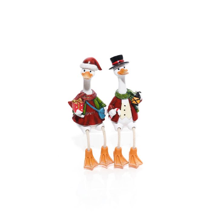 Mr and Mrs Christmas duck decorations with dangling legs, front view, white background