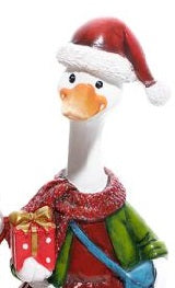 Mrs Duck Christmas decoration in red Santa hat carrying a gift and blue bag