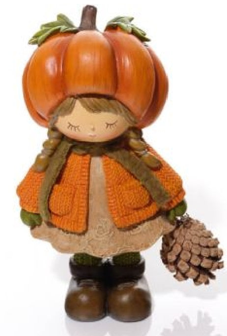 A resin pumpkin girl figurine wearing a pumpkin hat with stalk and leaf detail, textured top and lace-trim skirt, brown boots, holding a pinecone, on a white background