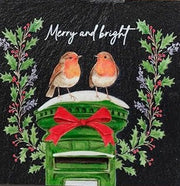Merry and Bright single: Robin slate Christmas coaster — Merry and Bright design with robins on snow-topped green postbox and holly