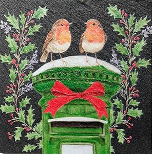 Robins with bow single: Robin slate Christmas coaster — pair of robins on snow-topped green postbox with red bow and holly