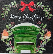 Merry Christmas single: Robin slate Christmas coaster — Merry Christmas design with robins on snow-topped green postbox and holly wreath