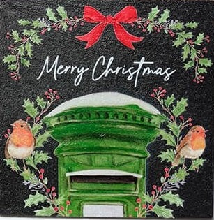 Merry Christmas single: Robin slate Christmas coaster — Merry Christmas design with robins on snow-topped green postbox and holly wreath