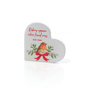 Robins appear when loved ones are near" white heart decoration with robin, holly and red bow illustration, white background