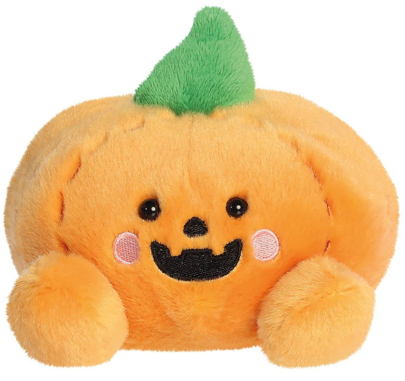 Wisp the Jack O'Lantern Palm Pal a squishy pumpkin plush with a carved smile black eyes rosy cheek circles and bright green stem shown from the front