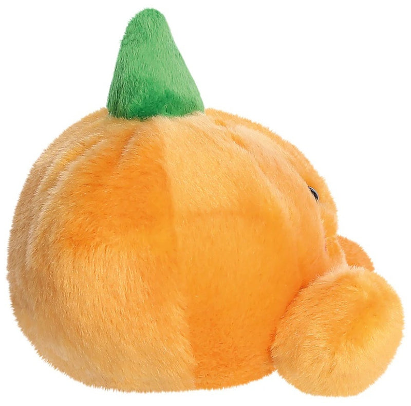 Side view of Wisp the Jack O'Lantern Palm Pal showing the bright green stem and pumpkin shape