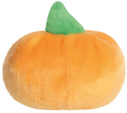 Rear view of Wisp the Jack O'Lantern Palm Pal showing the pumpkin body and green stem