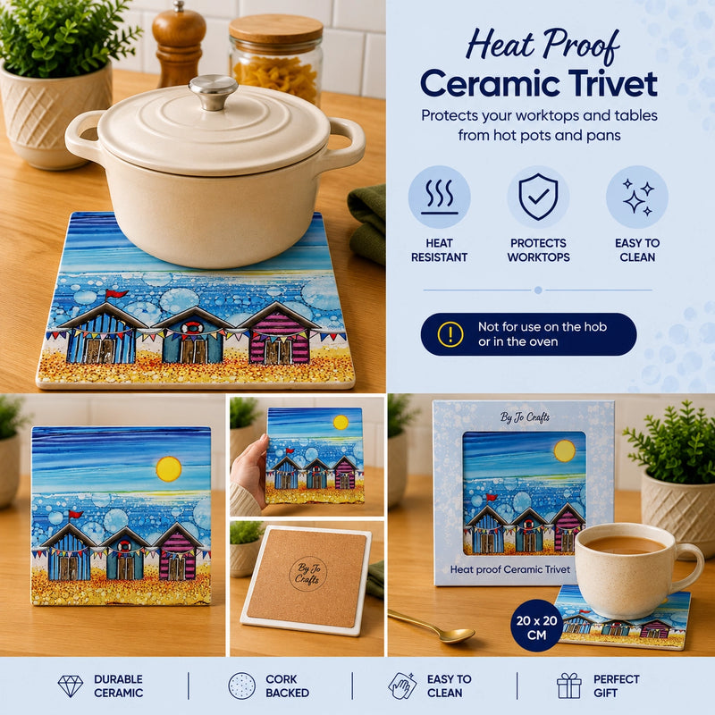 Beach Hut and Bunting ceramic trivet infographic showing heat resistant, cork-backed and easy to clean features with casserole dish, 20x20cm
