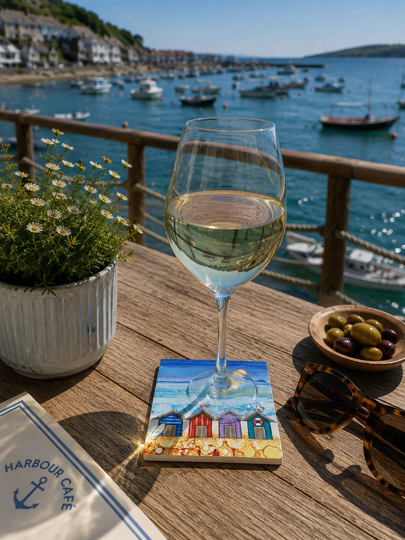 4 Beach Huts ceramic coaster on wooden harbour café table with white wine glass, daisy plant, olives and sunglasses, boats and harbour in background