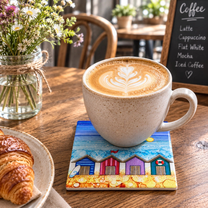 4 Beach Huts ceramic coaster on wooden café table with latte art coffee mug and croissant