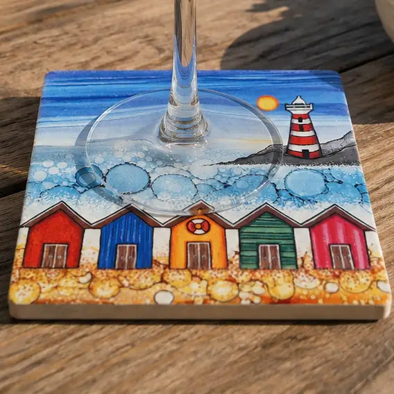 5 Beach Huts & Lighthouse Ceramic Coaster