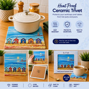 5 Beach Huts and Lighthouse ceramic trivet infographic showing heat proof, protects worktops, easy to clean and not for hob or oven, with casserole dish, 20x20cm, cork-backed and gift box