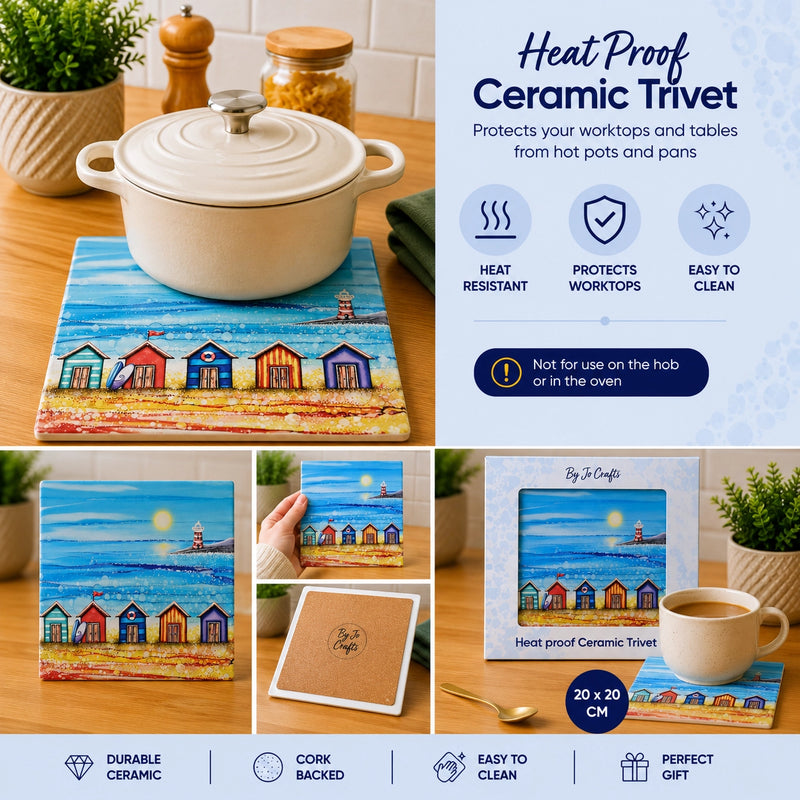 5 Beach Huts and Lighthouse ceramic trivet infographic showing heat proof, protects worktops, easy to clean and not for hob or oven, with casserole dish, 20x20cm, cork-backed and gift box