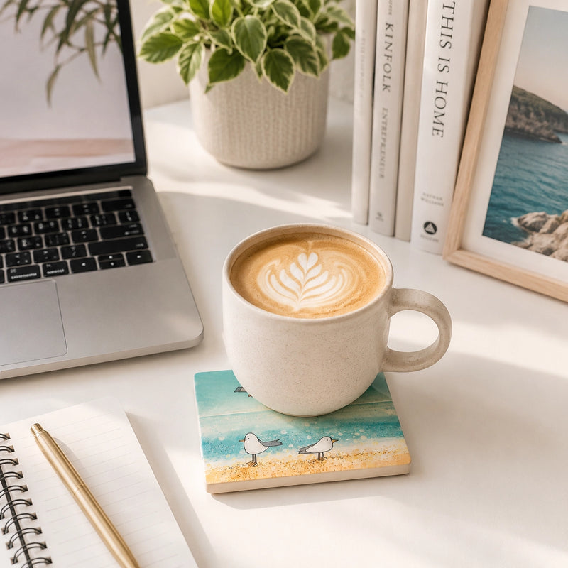 Seagull and Lighthouse ceramic coaster with latte coffee mug on desk with notebook and books