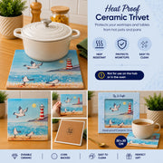 Seagull & Lighthouse ceramic trivet infographic showing heat resistant, cork-backed and easy to clean features, 20x20cm