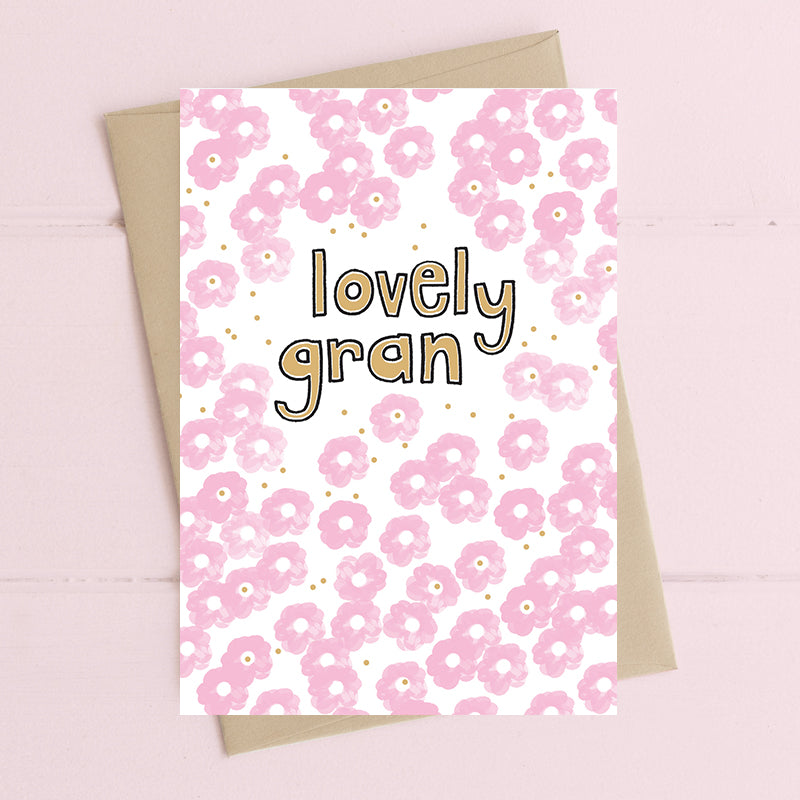 Lovely Gran birthday card with gold foil finish, printed on luxury 300gsm FSC-certified board, supplied with recycled brown kraft envelope, 114x162mm