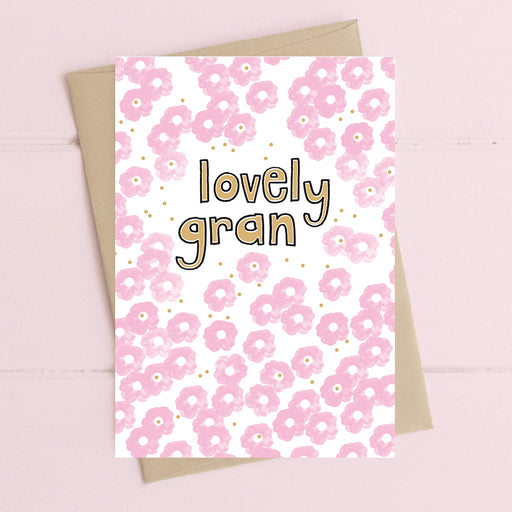 Lovely Gran birthday card with gold foil finish, printed on luxury 300gsm FSC-certified board, supplied with recycled brown kraft envelope, 114x162mm