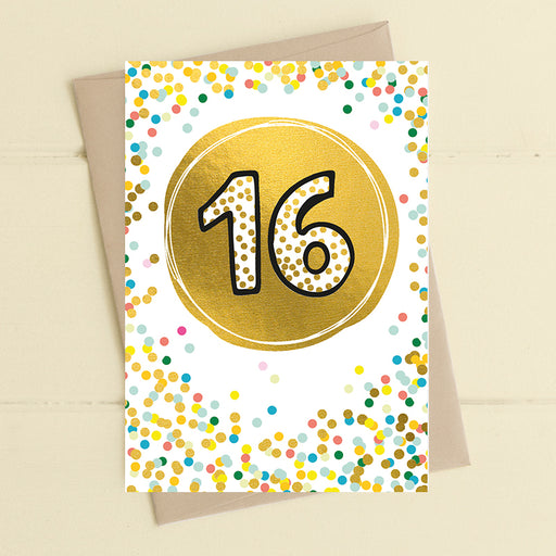 16th birthday card with a number 16 in a gold foil circle surrounded by colourful confetti dots