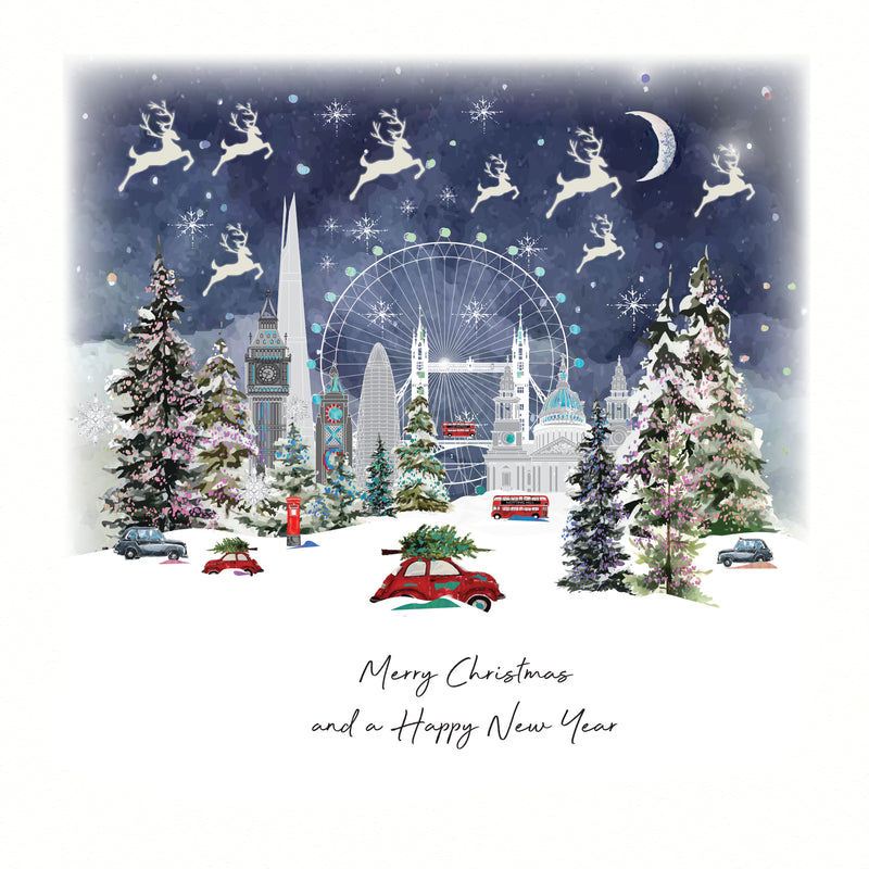 An illustrated Christmas card showing a snowy London skyline at night with iconic landmarks, red buses and black cabs, cars carrying Christmas trees, and eight reindeer leaping across a starlit sky above a crescent moon, with the sentiment "Merry Christmas and a Happy New Year"