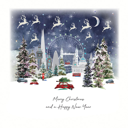 An illustrated Christmas card showing a snowy London skyline at night with iconic landmarks, red buses and black cabs, cars carrying Christmas trees, and eight reindeer leaping across a starlit sky above a crescent moon, with the sentiment "Merry Christmas and a Happy New Year"