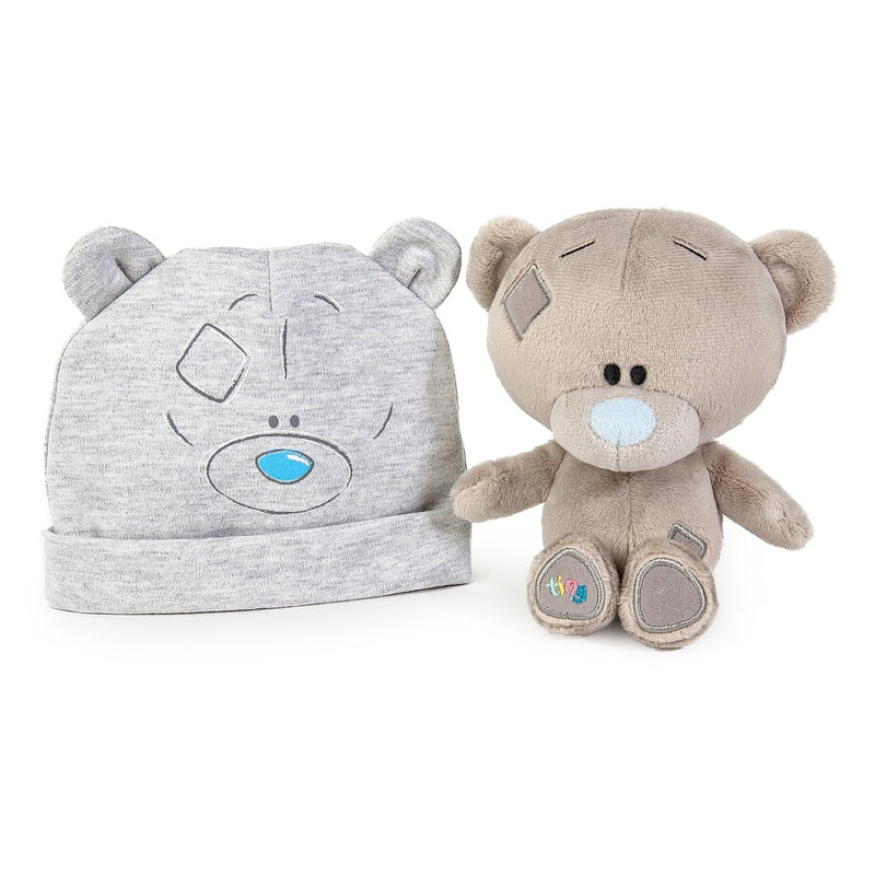 Close up of Tiny Tatty Teddy and grey baby hat with ears from Me To You range – Little Monkey Gifts