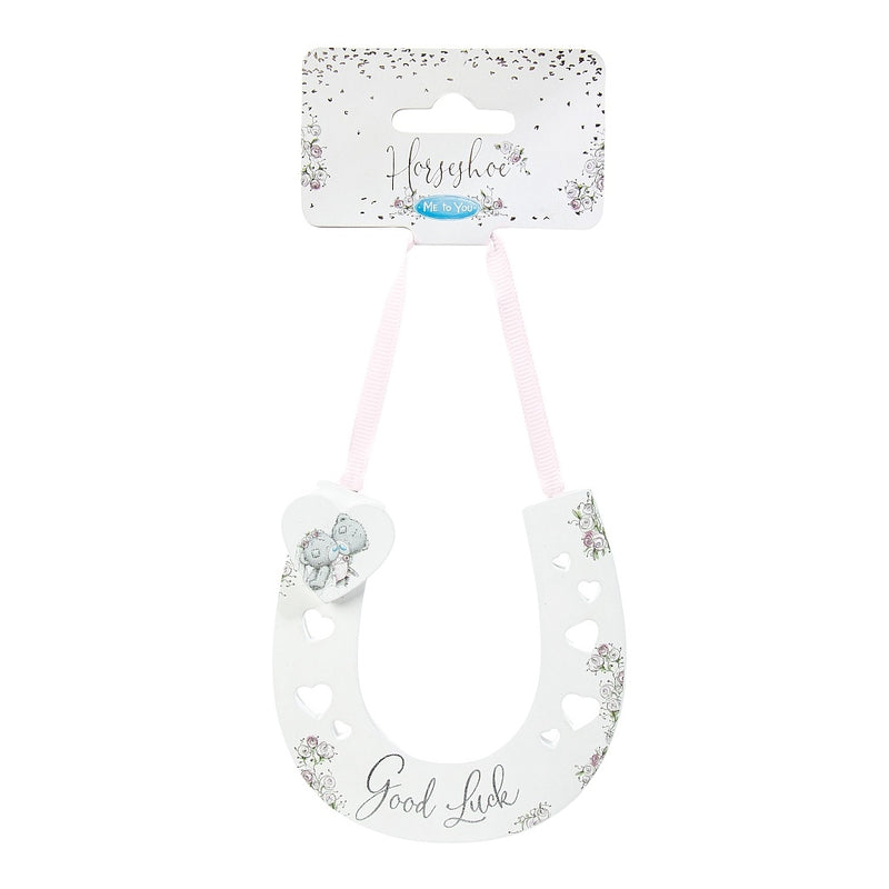 Tatty Teddy wedding horseshoe with “Good Luck” wording, floral illustrations, heart-shaped cut-outs and a hanging ribbon loop
