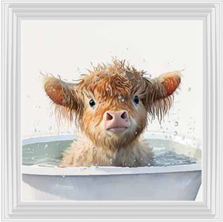 Cow in the Tub 30x30 White Lyon Frame Liquid Art