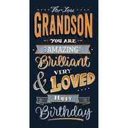 Grandson birthday card with bold orange and blue text You Are Amazing Brilliant and Very Loved, 5x9 inches – Little Monkey Gifts