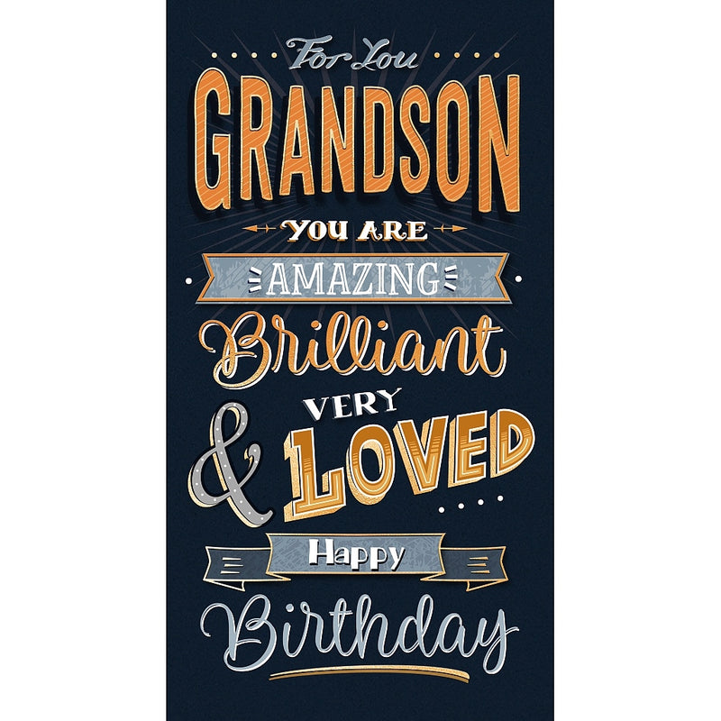 Grandson birthday card with bold orange and blue text You Are Amazing Brilliant and Very Loved, 5x9 inches – Little Monkey Gifts