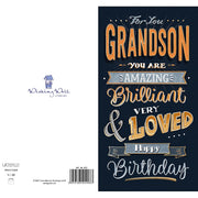 Back of grandson birthday card with bold orange and blue text design – Little Monkey Gifts