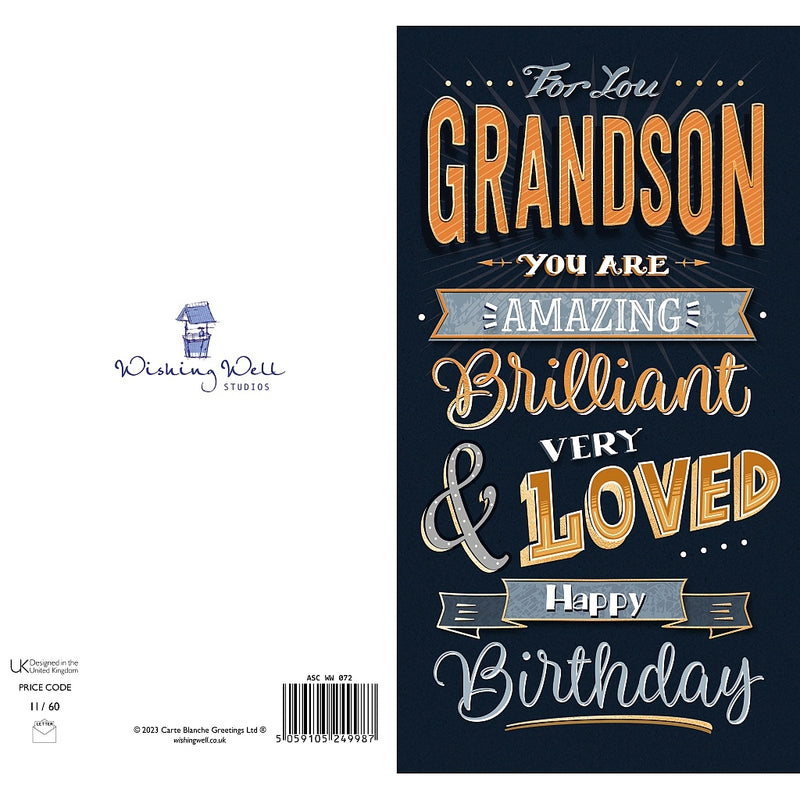 Back of grandson birthday card with bold orange and blue text design – Little Monkey Gifts