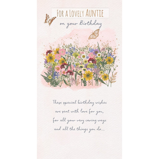Auntie birthday card with flower meadow and butterflies design, 5x9 inches – Little Monkey Gifts
