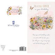 Back of auntie birthday card showing flower meadow and butterfly design – Little Monkey Gifts