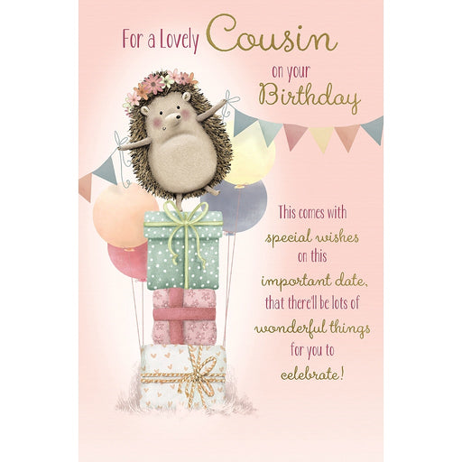 Cousin birthday card with cute hedgehog sitting on presents and balloons, 5x8 inches – Little Monkey Gifts