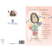 Back of cousin birthday card showing hedgehog on presents with balloons – Little Monkey Gifts