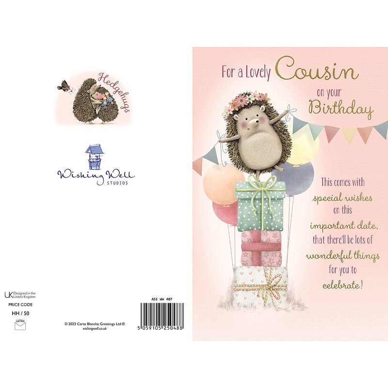 Back of cousin birthday card showing hedgehog on presents with balloons – Little Monkey Gifts