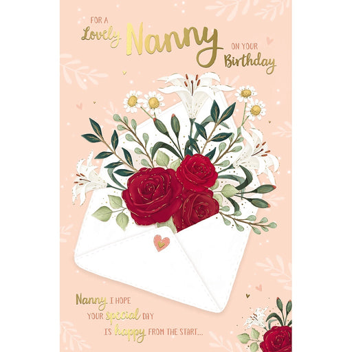 Nanny birthday card with flowers in an envelope design, 5x8 inches – Little Monkey Gifts