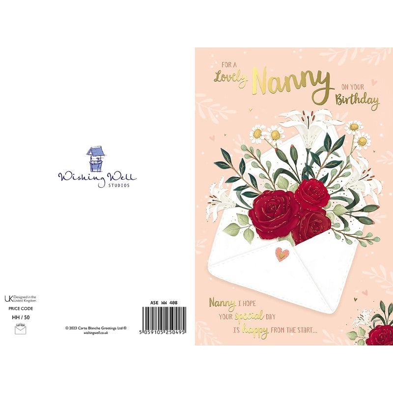 Back of nanny birthday card showing flowers in an envelope – Little Monkey Gifts