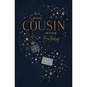 Cousin birthday card with colourful presents and stars design, 5x8 inches – Little Monkey Gifts