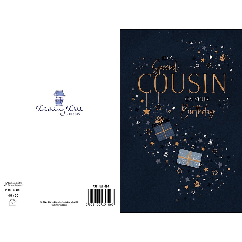 Back of cousin birthday card showing presents and stars design – Little Monkey Gifts