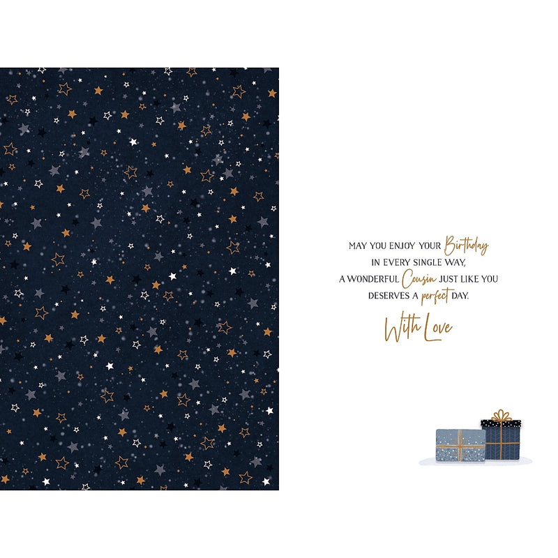 Inside verse of cousin birthday card with presents and stars – Little Monkey Gifts