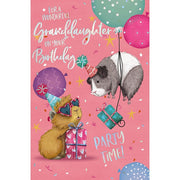 Granddaughter birthday card with two partying guinea pigs, balloons and gifts, 5x8 inches – Little Monkey Gifts