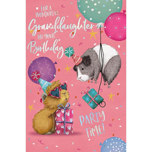 Granddaughter birthday card with two partying guinea pigs, balloons and gifts, 5x8 inches – Little Monkey Gifts
