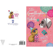 Back of granddaughter birthday card showing guinea pigs with balloons and gifts – Little Monkey Gifts