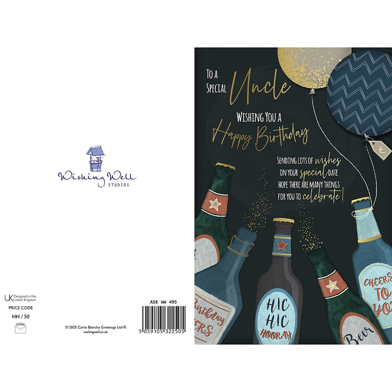 Uncle birthday card featuring beer bottles and balloons design" front and bak
