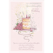 Granddaughter birthday card with cake, flowers, hearts and ribbon design, 6x9 inches – Little Monkey Gifts