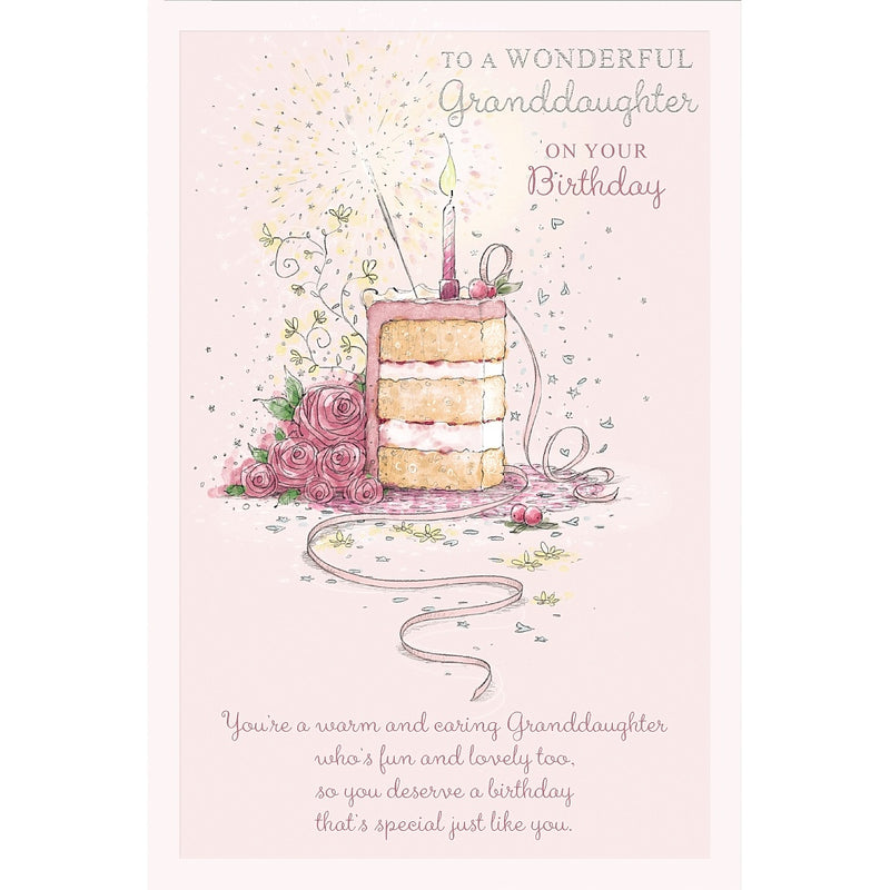 Granddaughter birthday card with cake, flowers, hearts and ribbon design, 6x9 inches – Little Monkey Gifts