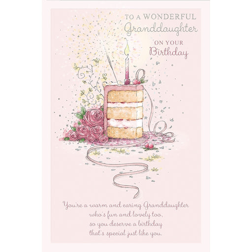 Granddaughter birthday card with cake, flowers, hearts and ribbon design, 6x9 inches – Little Monkey Gifts
